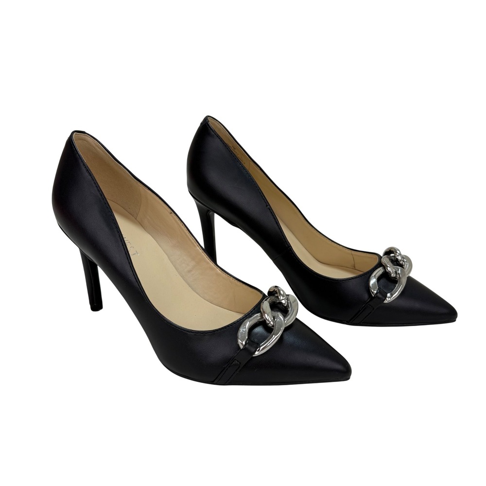 Nine West Black Faux Leather 7M Silver Chain Pointed Toe Stiletto Heels Pumps